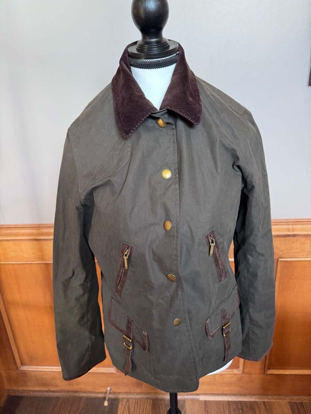 Lauren Ralph Lauren Olive Waxed Utility Jacket Corduroy Collar Petite